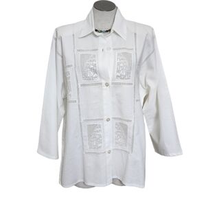 White Collar Long sleeve Lace Button Down Women's Shirt Size L